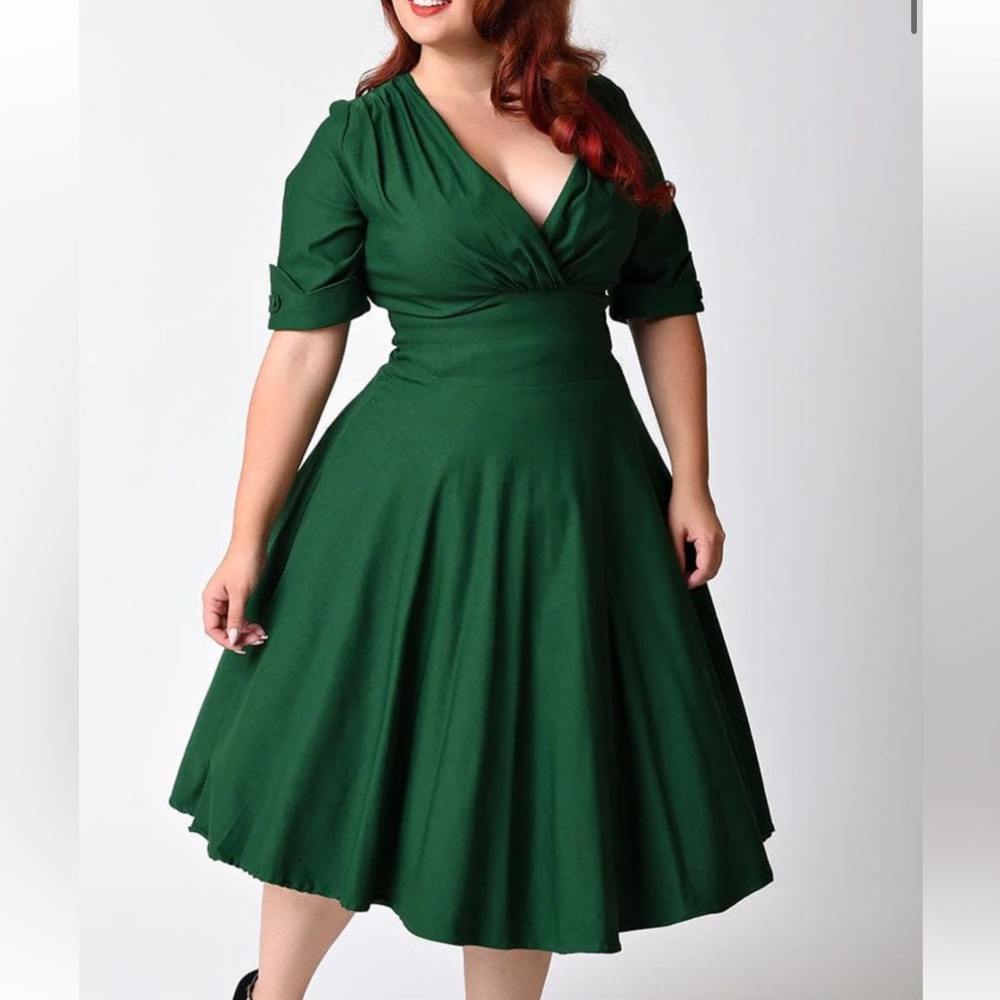 Unique Vintage plus size Emerald Green Delores swing dress with sleeves